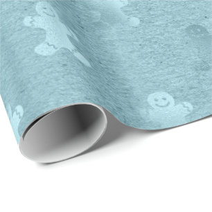 Metallic blue Christmas gingerbread man pattern Wrapping Paper
