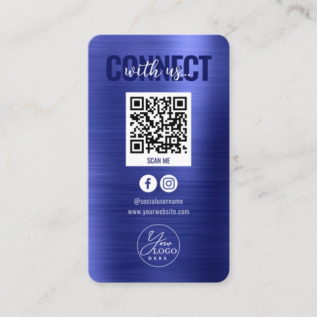 Metallic Blue Connect With Us Social Media QR Code Business Card (Front)