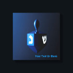Metallic Blue Dreidel Canvas Print<br><div class="desc">A modernistic,  metallic blue dreidel against a dark,  night-like background.  Two of the Hebrew letters found on a dreidel,  nun and shin,  glow brightly.  Add your own text.</div>