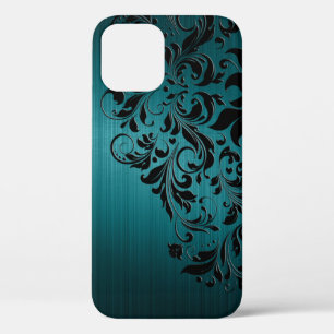 Metallic Blue-Green Brushed Aluminium & Black Lace iPhone 12 Case