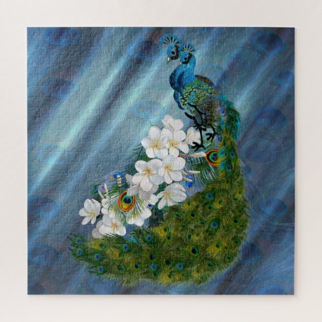 Metallic Blue-green Peacocks, Emerald Green Silk Jigsaw Puzzle (Vertical)