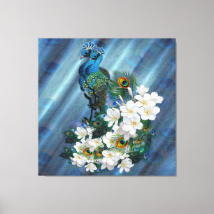 Metallic Blue-green Peacocks on Emerald Green Silk Canvas Print
