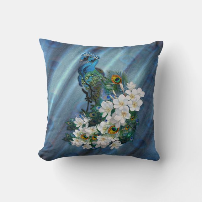 Metallic Blue-green Peacocks on Emerald Green Silk Cushion (Front)