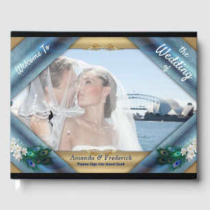 Metallic Blue-green Peacocks on Emerald Green Silk Guest Book