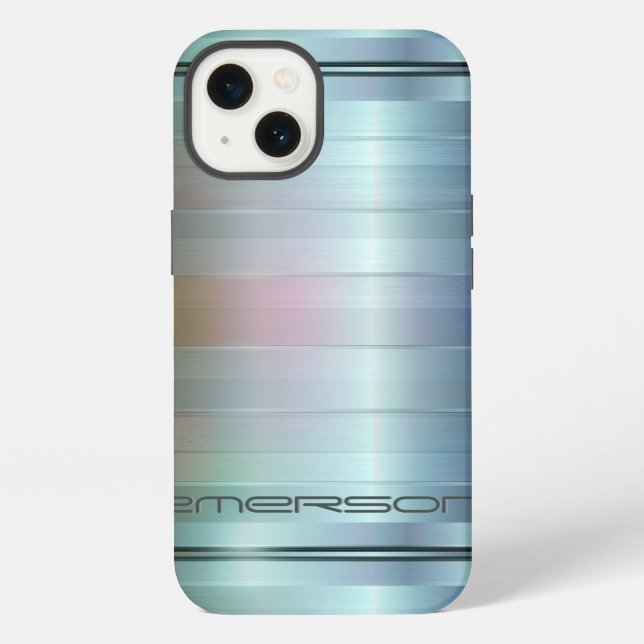 Metallic Blue-Grey Stripes Pattern Monogram iPhone Case (Back)