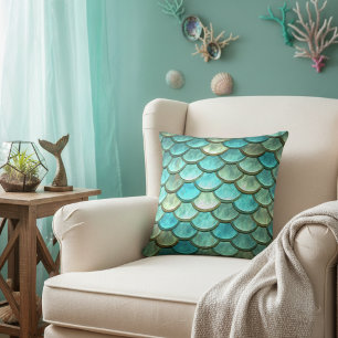 Metallic Blue Mermaid Scales Decorative Pillow