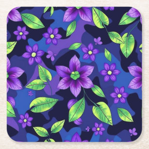 Metallic Blue Purple Flowers Camo Coaster Set
