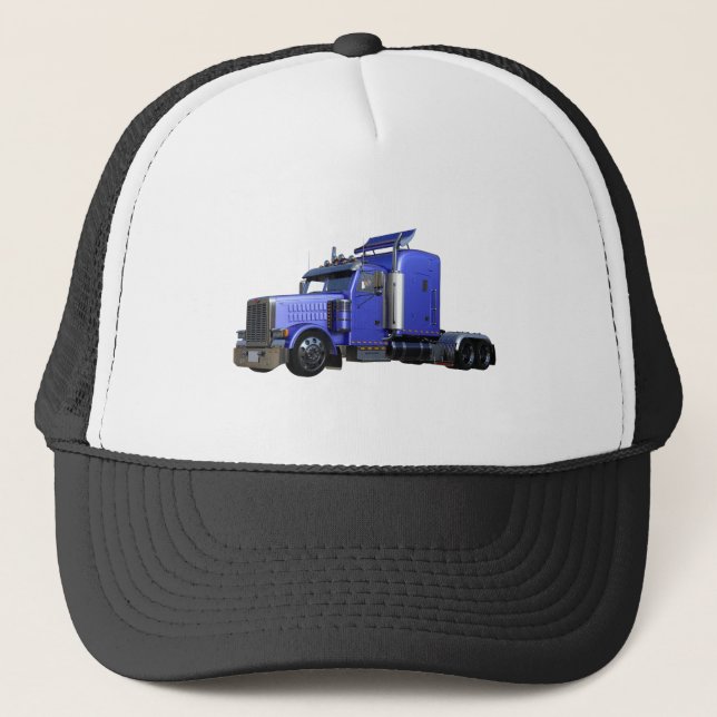 Metallic Blue Semi Truck In Three Quarter View Trucker Hat (Front)
