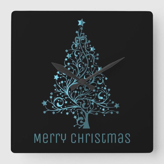 Metallic Blue Stars Christmas Tree Elegant Black Square Wall Clock (Front)