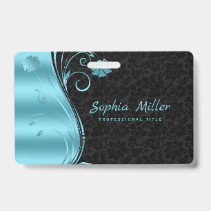 Metallic Blue Swirl Black Damask ID Badge
