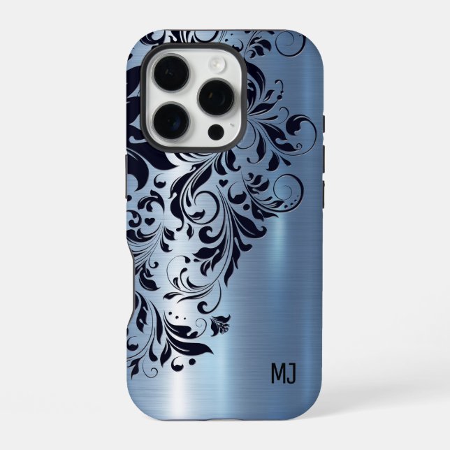 Metallic Blue Texture Blue Swirl Accent Monogram iPhone Case (Back)
