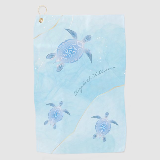 Metallic Blue Turtle Sky Blue Ink Monogram Golf To Towel (Front)