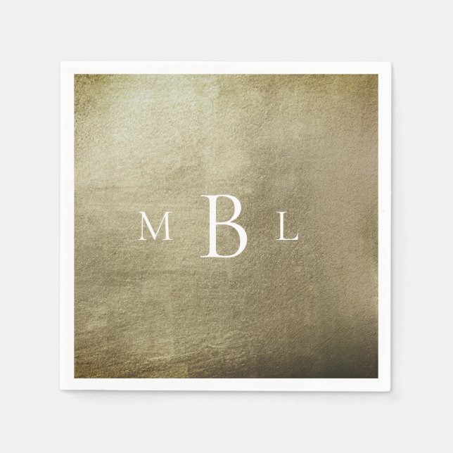 Metallic Bronz White Monogram Wedding Cocktail Napkin (Front)