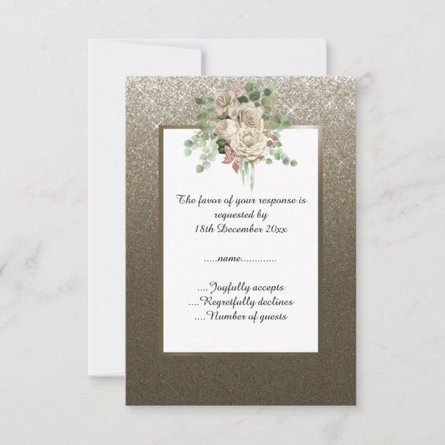 METALLIC BRONZE GLITTER WHITE FLORAL CUSTOM RSVP CARD (Front)