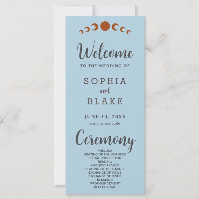 Metallic Bronze Moon Phases Blue Wedding Program (Front)