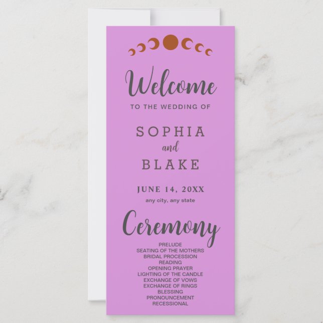 Metallic Bronze Moon Phases Purple Wedding Program (Front)