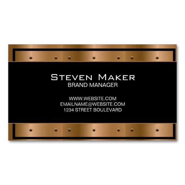 Metallic Bronze with Rivets | Black Border Magnetic Business Card (Front)