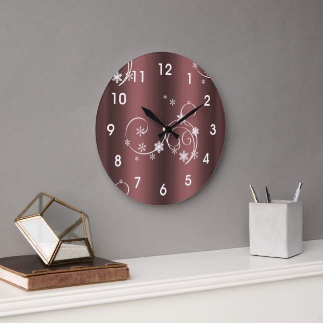 Metallic Brown White Swirls Christmas Large Clock (Office)