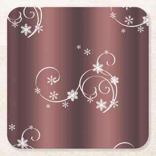Metallic Brown White Swirls Christmas Square Paper Coaster
