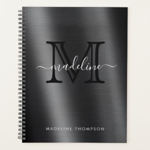Metallic Brushed Black Monogram Elegant Script Planner