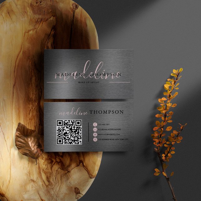 Metallic Brushed Steel Pale Pink Script Qr Code Business Card (Creator Uploaded)
