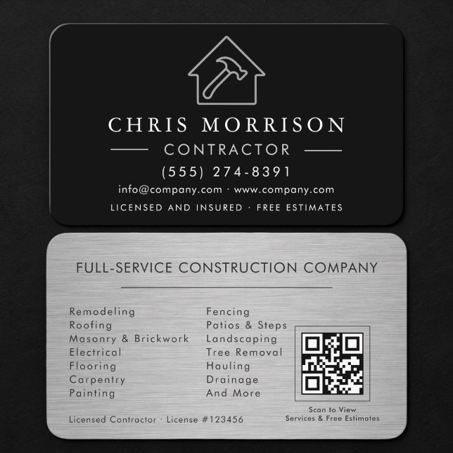 Metallic Building Construction QR Code Silver Business Card (Creator Uploaded)
