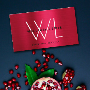 Metallic Burgundy Red Monogram Modern Minimalist Business Card