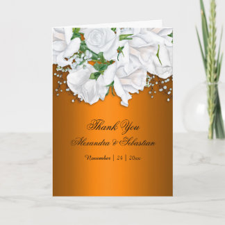 Metallic Burnt Orange and White Roses Wedding Thank You Card