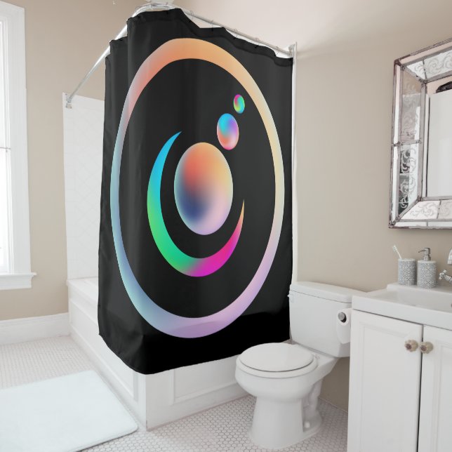 Metallic Colourful Planets and Moon Rainbow Shower Curtain (In Situ)
