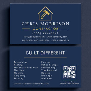Metallic Construction Navy Blue Gold QR Code Business Card