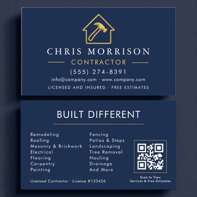 Metallic Construction Navy Blue Gold QR Code Business Card (Creator Uploaded)