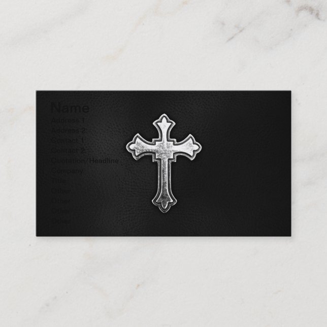 Metallic Crucifix on Black Leather Business Card (Front)