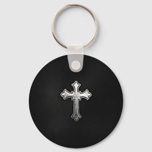 Metallic Crucifix on Black Leather Key Ring