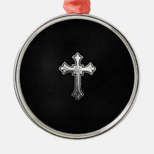 Metallic Crucifix on Black Leather Metal Tree Decoration