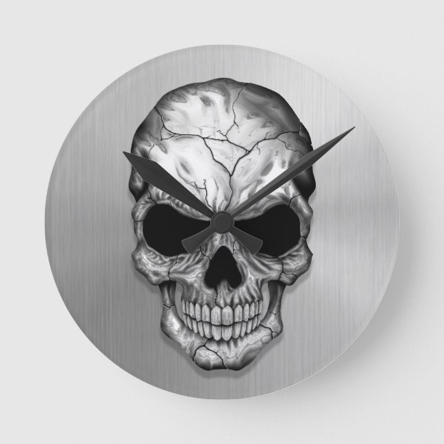 Metallic Crystal Skull on Stainless Steel Effect Round Clock (Front)