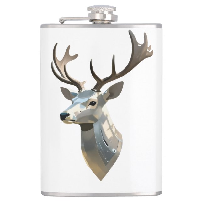 Metallic Cyber Deer Head Steampunk Wall Art Trophy Hip Flask (Front)
