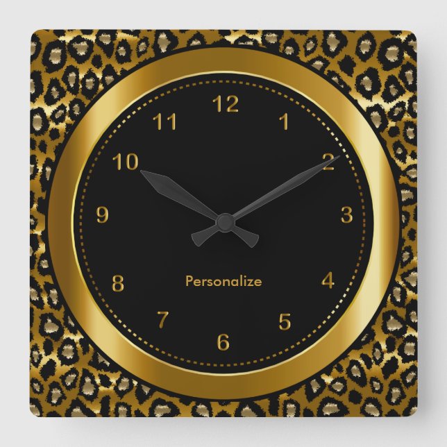 Metallic Dark Gold and Black Leopard Print Square Wall Clock (Front)