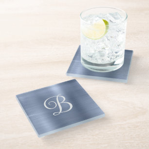 Metallic Dusty Blue Curly Monogram Glass Coaster