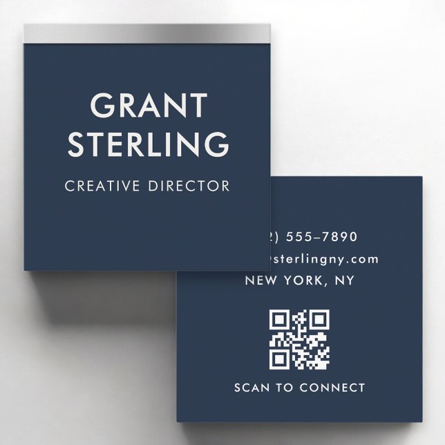 Metallic Elegant Navy Blue QR Code Professional Square Business Card (Creator Uploaded)