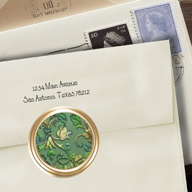 Metallic Embossed Look Damask in Green and Gold Classic Round Sticker (Creator Uploaded)