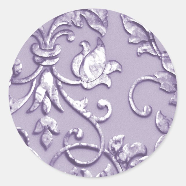 Metallic Embossed Look Damask in Lavender Classic Round Sticker (Front)