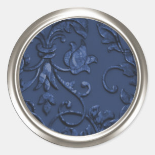 Metallic Embossed Look Damask in Navy Blue Classic Round Sticker