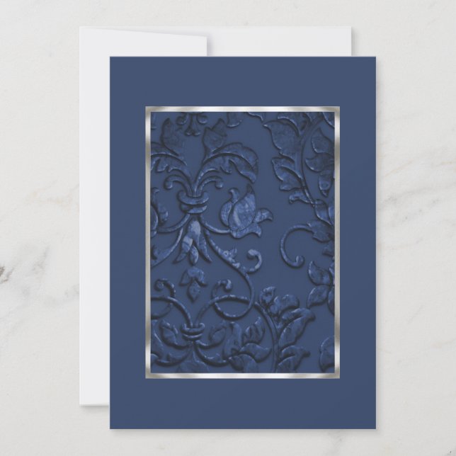 Metallic Embossed Look Damask in Navy Blue Invitation (Front)