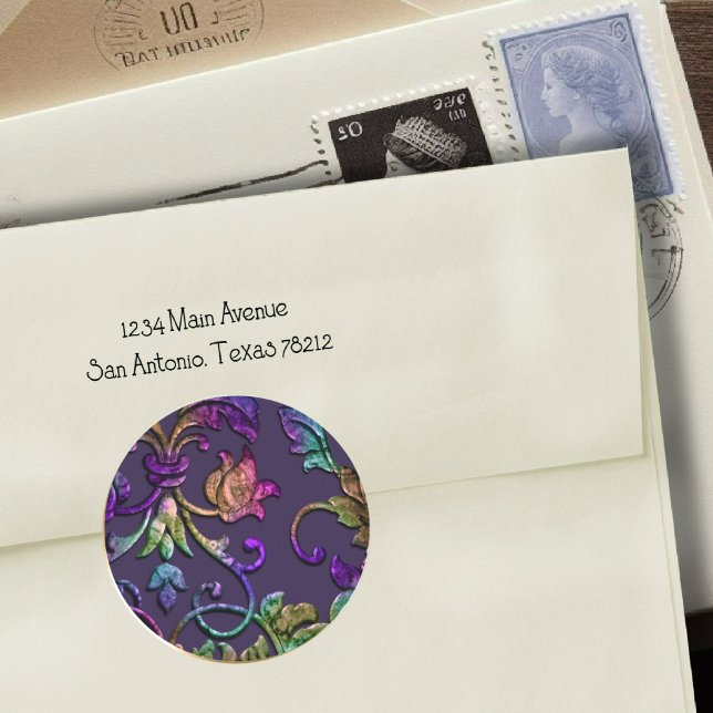 Metallic Embossed Look Damask in Plum Rainbow Classic Round Sticker (Creator Uploaded)