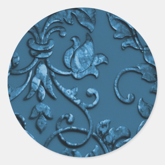 Metallic Embossed Look Damask in Teal Classic Round Sticker (Front)