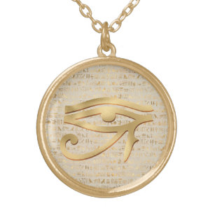 Metallic Eye of Horus and Egyptian Hieroglyphs Gold Plated Necklace