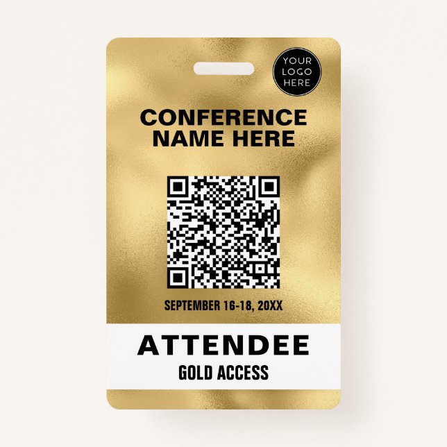 Metallic Faux Gold Foil QR Code Conference Event ID Badge (Front)