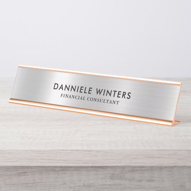 Metallic faux silver background desk name plate (Front)