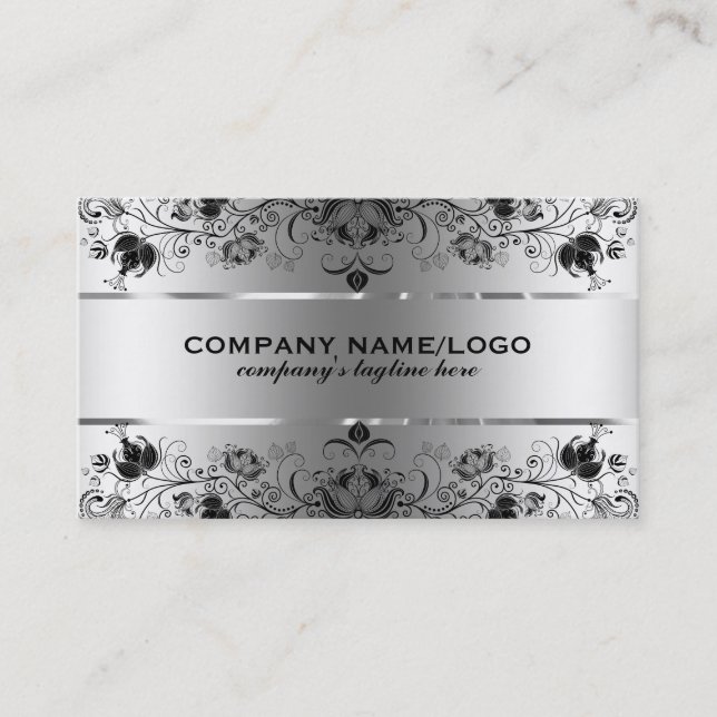Metallic Faux Silver With Black Lace Business Card (Front)