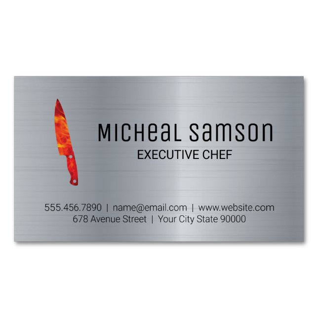 Metallic | Fire Knife | Executive Chef Magnetic Business Card (Front)